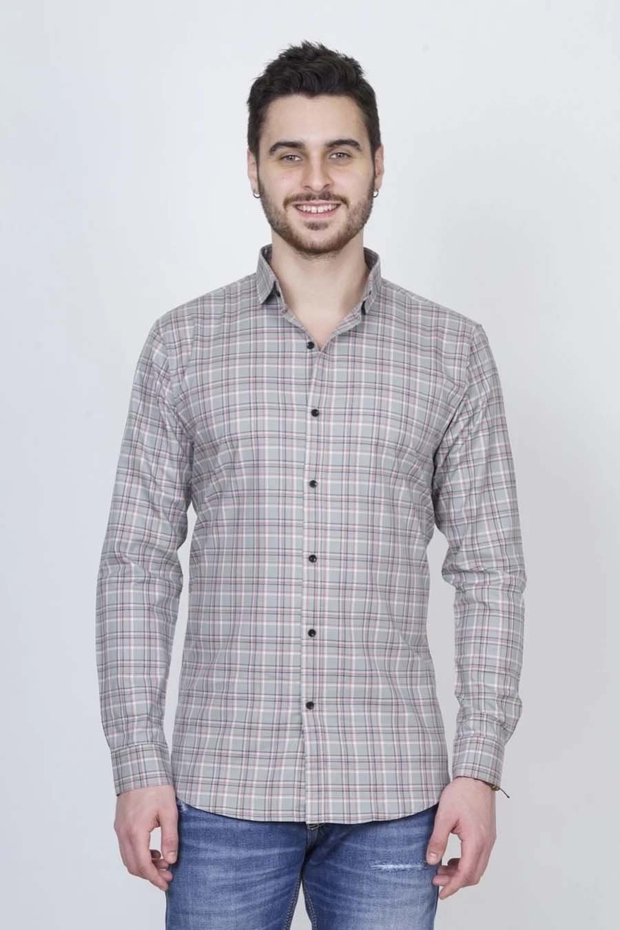 Grey Red Check Shirt For Mens