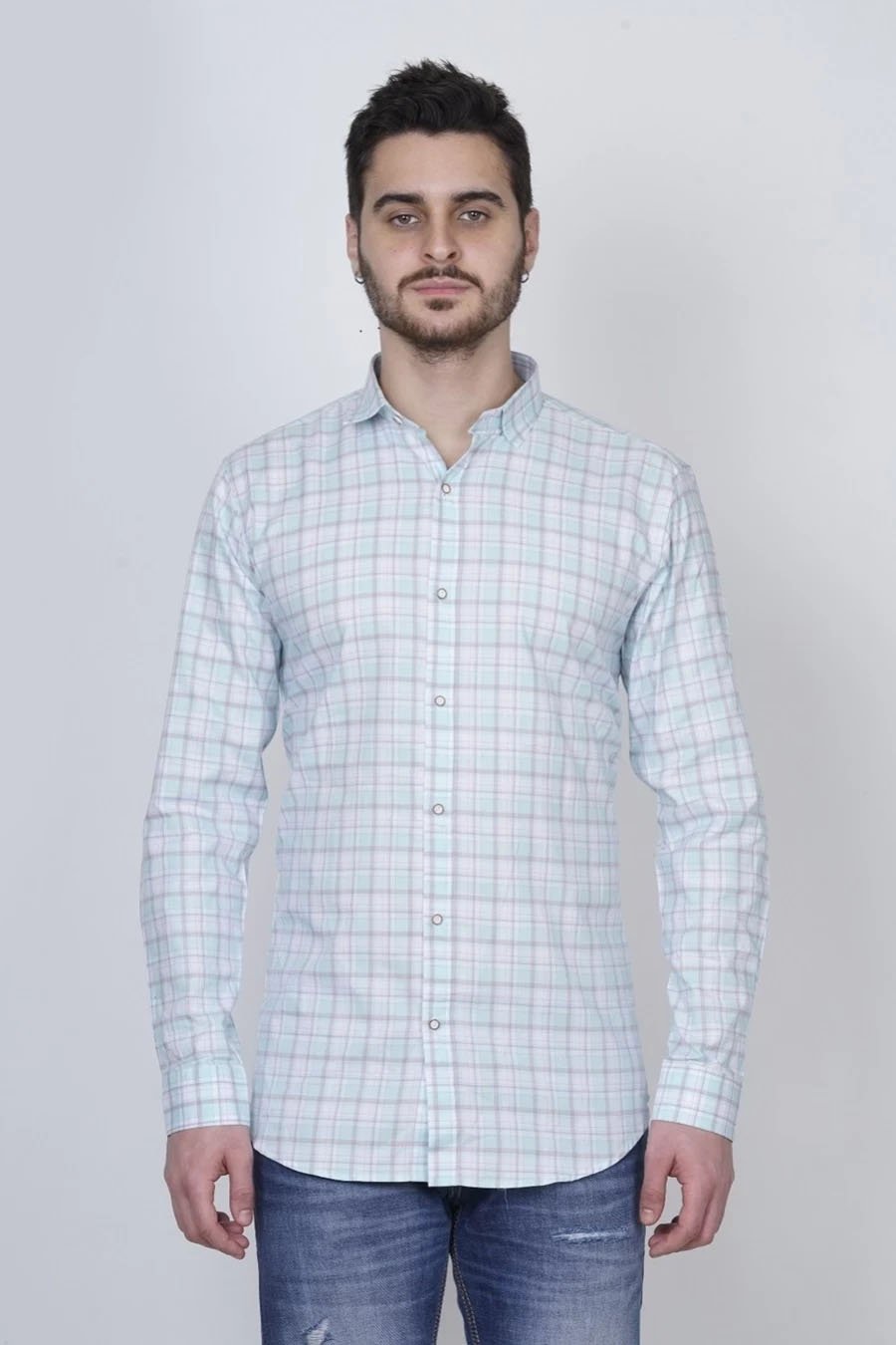 Light Grey Sky Check Shirt For Mens