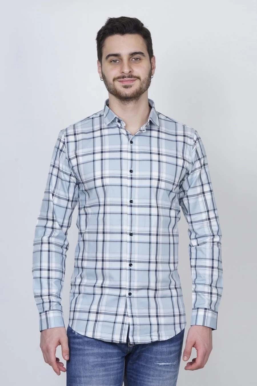 Sky Blue Black Check Shirt For Mens