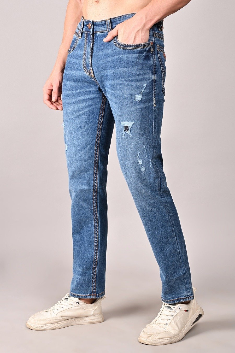 Blue Damage Carrot  Fit Jeans For Mens