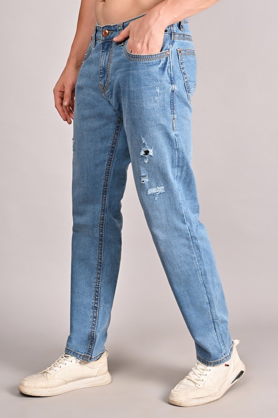 Light Blue Damage Carrot  Fit Jeans For Mens