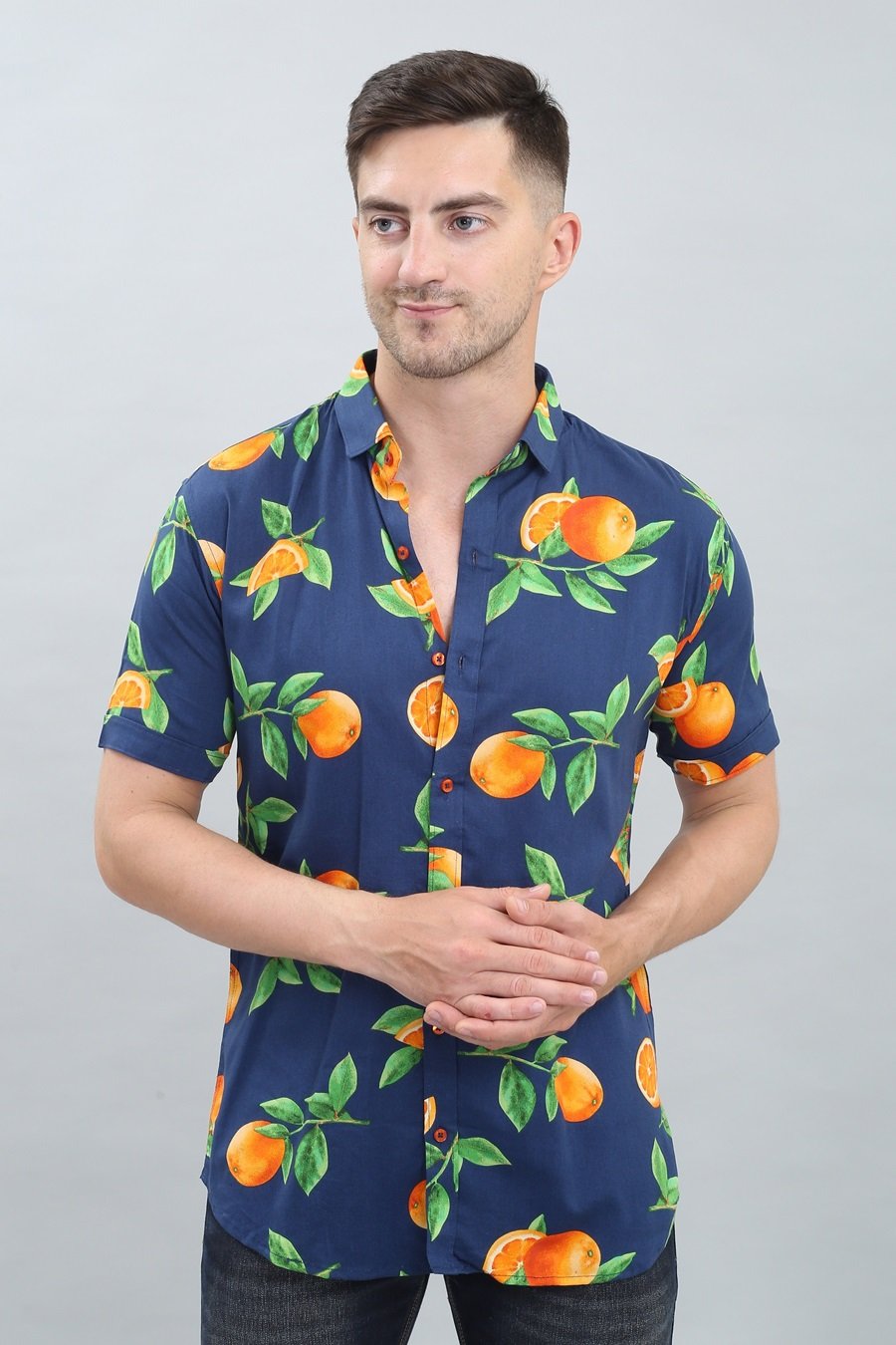 Blue Orange Printed  Spread Collar Half Casual Shirt For Mens