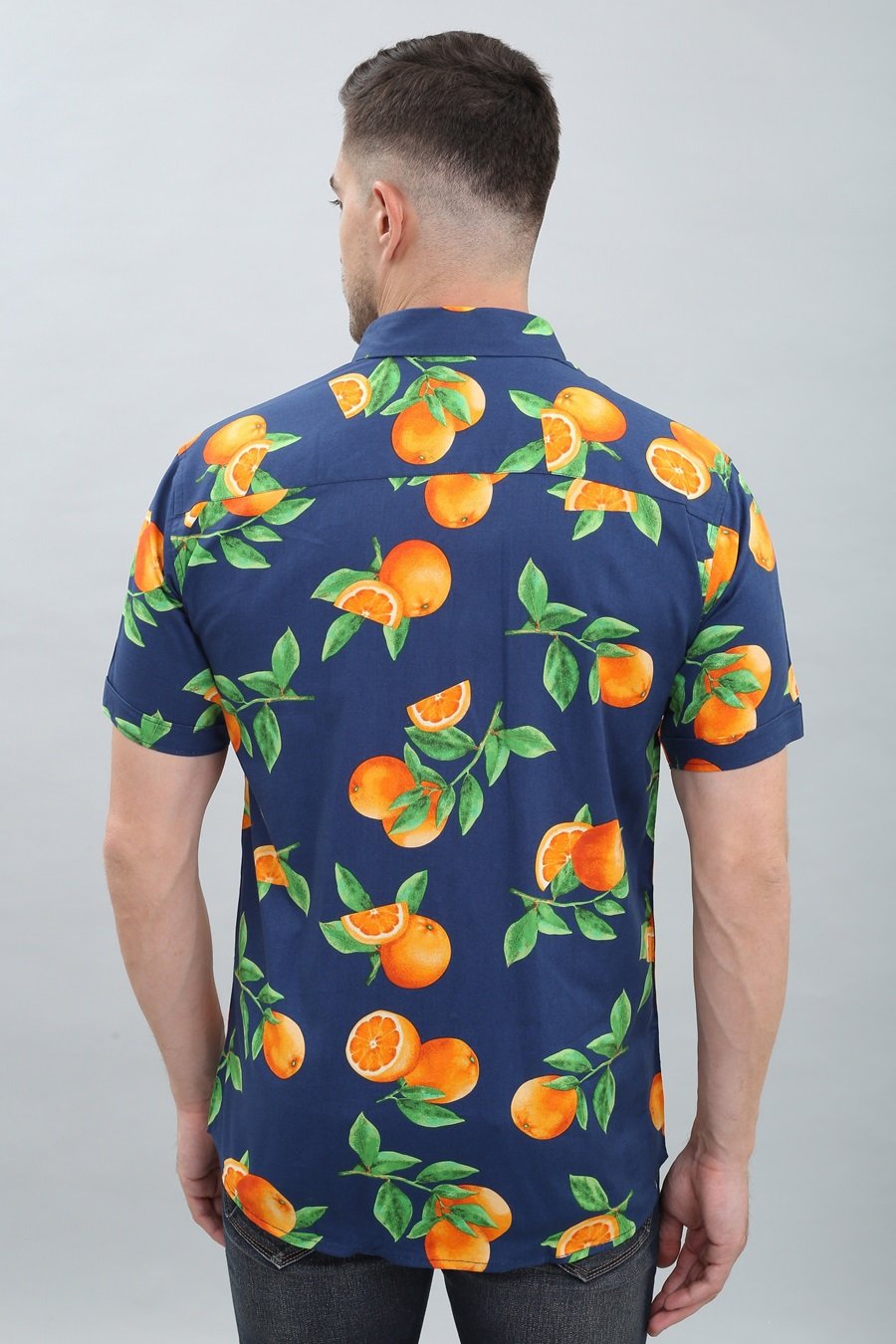 Blue Orange Printed  Spread Collar Half Casual Shirt For Mens