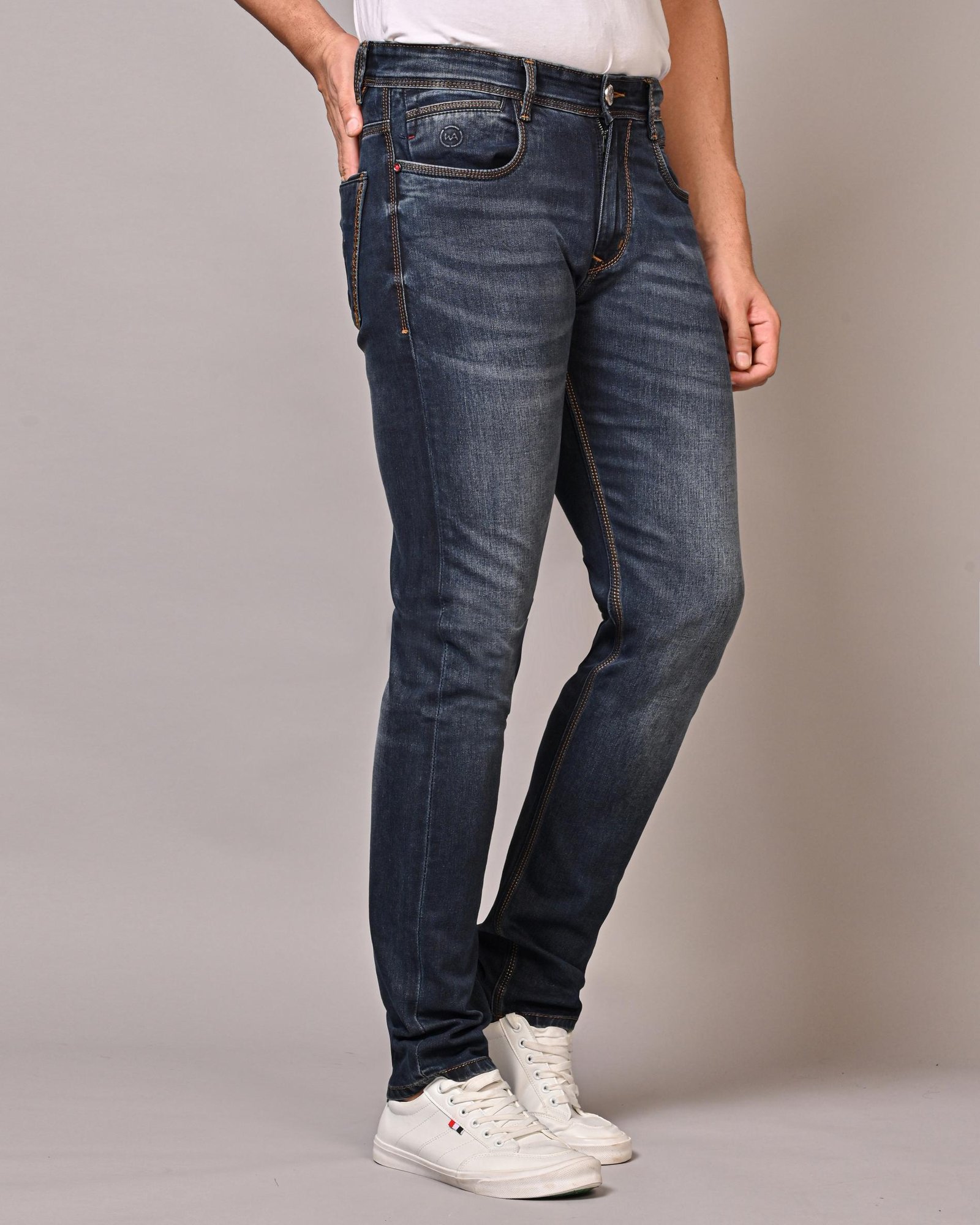 Classic Dark Blue Narrow Fit Jeans For Mens