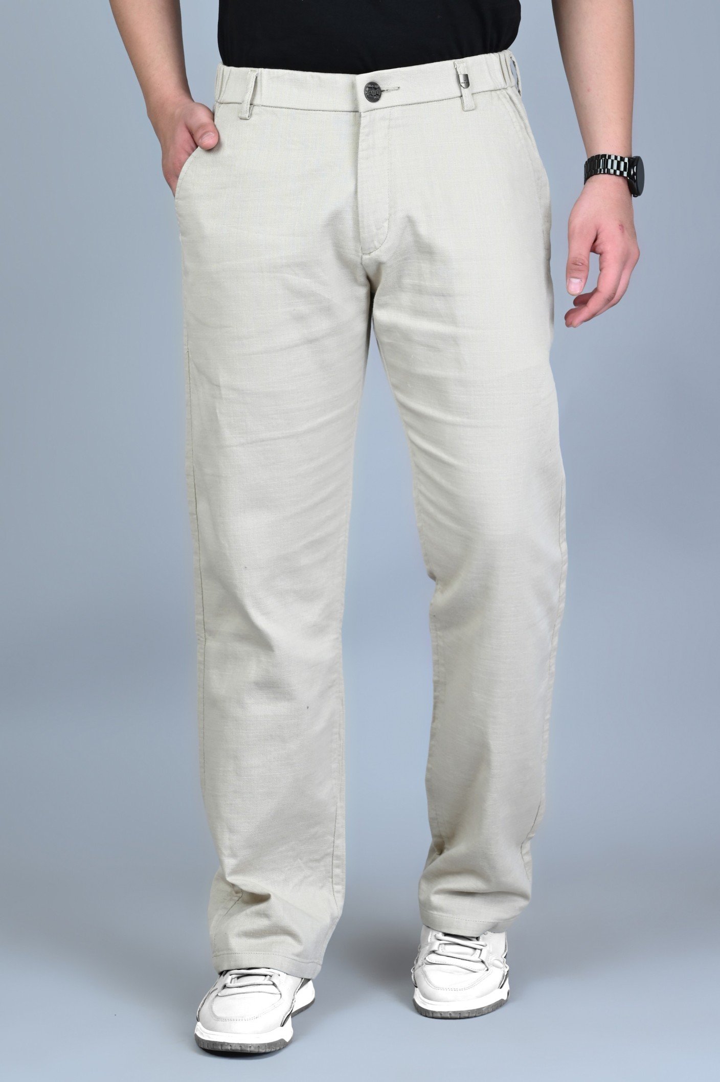 WHITE APPLE JNS Men Straight Fit Solid Cream Cotton Linen Trousers Pant