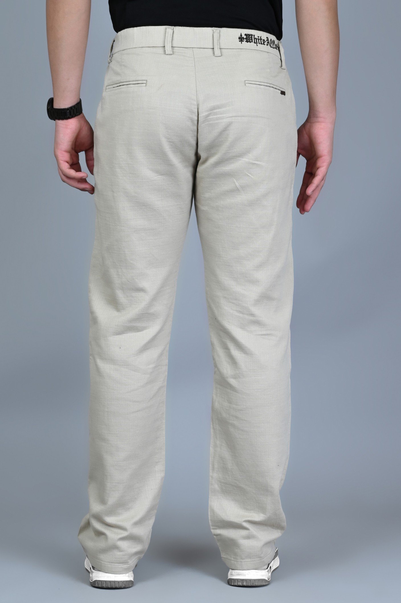 WHITE APPLE JNS Men Straight Fit Solid Cream Cotton Linen Trousers Pant