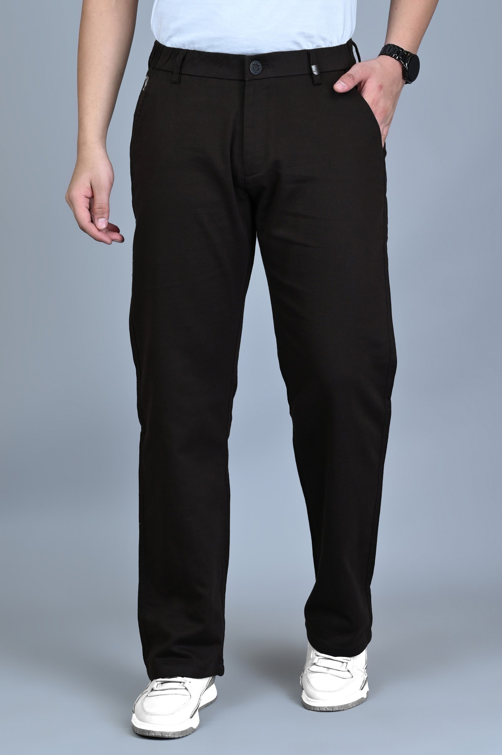 WHITE APPLE JNS Men Straight Fit Solid Dark Brown Cotton Linen Trousers Pant